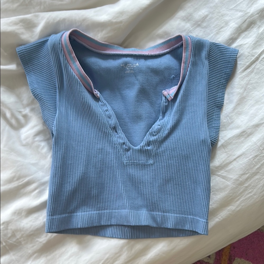 Urban Outfitters Blue Ribbed Top with Pink Trim